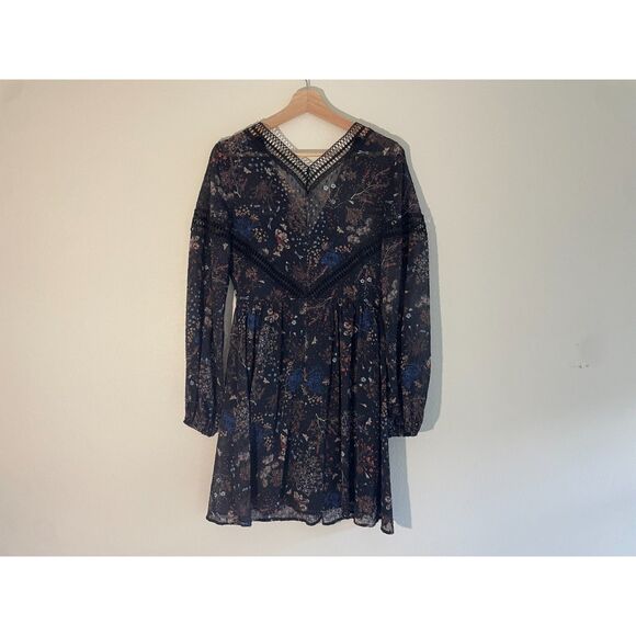 Dark Floral Babydoll Dress Sheer Chiffon Lace Accents Size Small Whimsigoth Boho - Picture 2 of 7